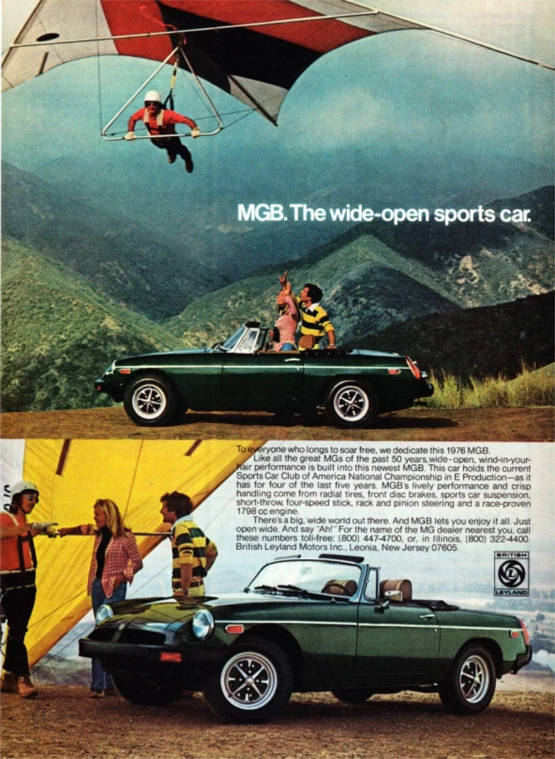 MGB vintage auto ad; wide open sports car MGB vintage auto ad; wide open sports car